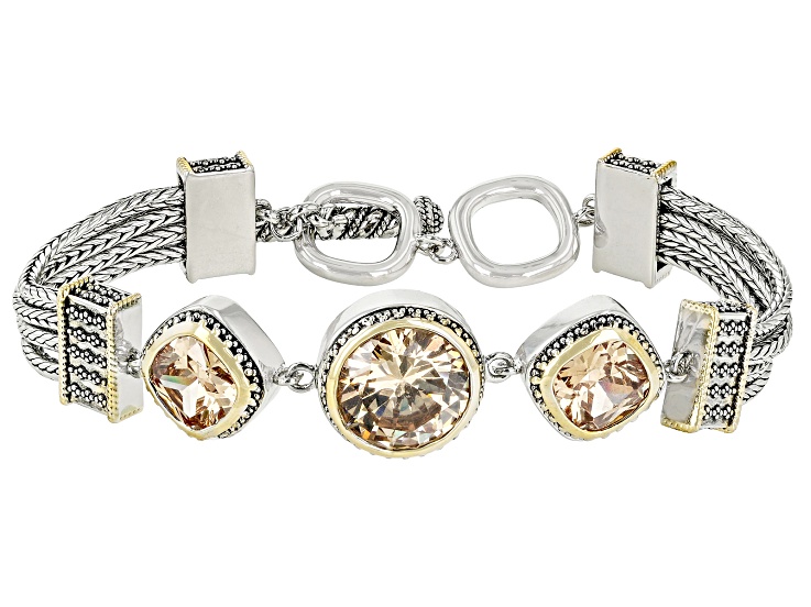 Champagne Color Crystal Two Tone 3-Stone Station Bracelet - PDJ210