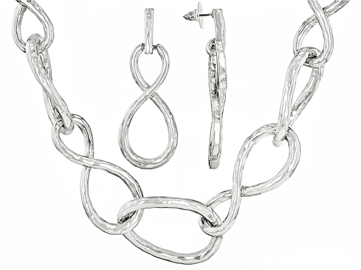 Silver Tone Large Chain Link Necklace and Earring Set