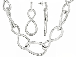 Silver Tone Large Chain Link Necklace and Earring Set