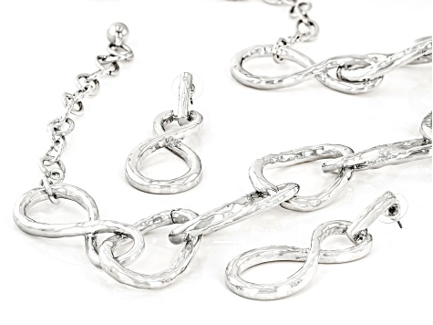 Silver Tone Large Chain Link Necklace and Earring Set