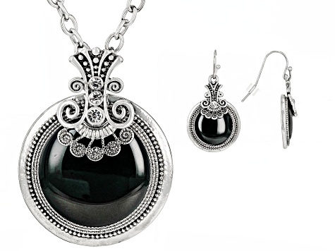 Black Epoxy & Crystal Silver Tone Earring and Pendant Set