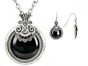 Black Epoxy & Crystal Silver Tone Earring and Pendant Set