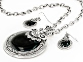 Black Epoxy & Crystal Silver Tone Earring and Pendant Set