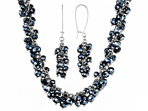 Blue & White Crystal Beaded Necklace and Dangle Earring Silver Tone Set
