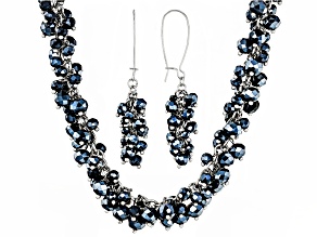 Blue & White Crystal Beaded Necklace and Dangle Earring Silver Tone Set