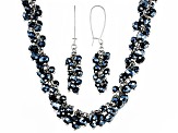 Blue & White Crystal Beaded Necklace and Dangle Earring Silver Tone Set