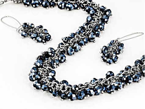 Blue & White Crystal Beaded Necklace and Dangle Earring Silver Tone Set