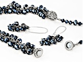 Blue & White Crystal Beaded Necklace and Dangle Earring Silver Tone Set