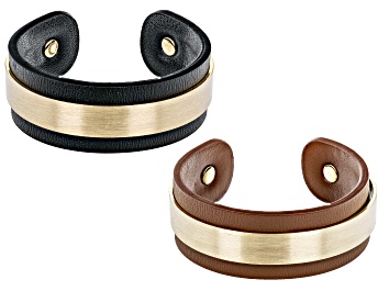 Picture of Gold Tone Black & Neutral Color Imitation Leather Set of 2 Cuff Bracelets