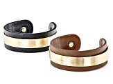 Gold Tone Black & Neutral Color Imitation Leather Set of 2 Cuff Bracelets