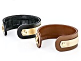 Gold Tone Black & Neutral Color Imitation Leather Set of 2 Cuff Bracelets