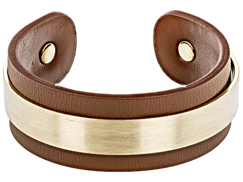 Gold Tone Black & Neutral Color Imitation Leather Set of 2 Cuff Bracelets