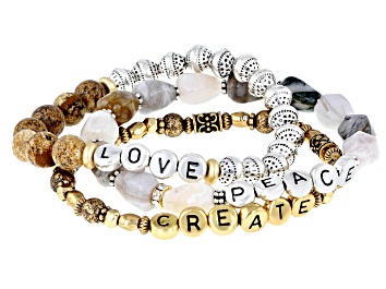 Picture of Jasper & Acrylic Gold & Silver Tone Set of 3 "Peace, Love, & Create" Stretch Bracelets