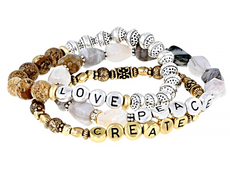 Jasper & Acrylic Gold & Silver Tone Set of 3 "Peace, Love, & Create" Stretch Bracelets