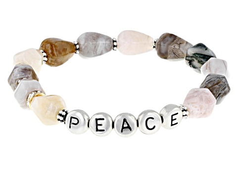 Jasper & Acrylic Gold & Silver Tone Set of 3 "Peace, Love, & Create" Stretch Bracelets