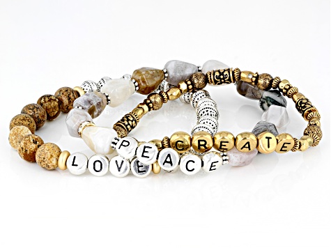 Jasper & Acrylic Gold & Silver Tone Set of 3 "Peace, Love, & Create" Stretch Bracelets
