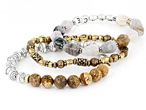 Jasper & Acrylic Gold & Silver Tone Set of 3 "Peace, Love, & Create" Stretch Bracelets