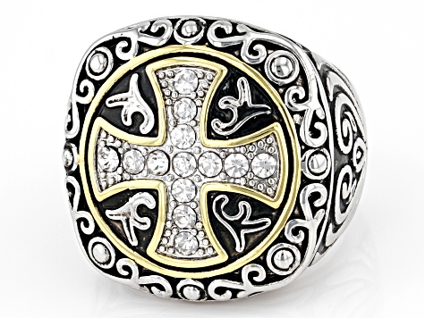 White Crystal Two-Tone Cross Ring