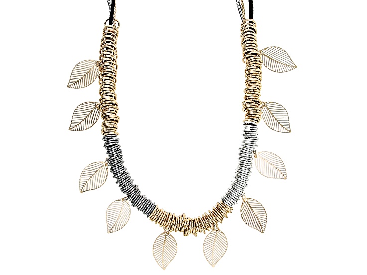 Multi-Color Tone & Imitation Suede Leaf Station Necklace