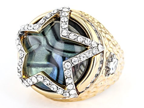 Multi-Color Abalone & Crystal Gold Tone Dome Ring