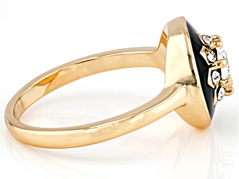Black Enamel & Crystal Gold Tone Brass Ring