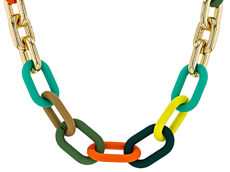 Multi-Color Resin Gold Tone Paperclip Chain Link Necklace - PDJ259 | JTV