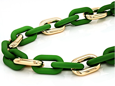 Green Enamel Gold Tone Paperclip Chain Link Necklace