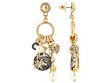 Gold Tone Coin with Pearl Simulant & White Crystal Dangle Charm Earrings