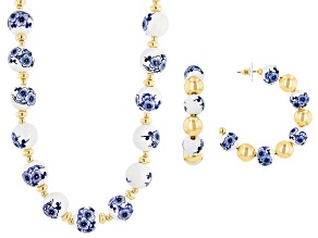 Blue Beaded Floral Gold Tone Necklace & Earring Set