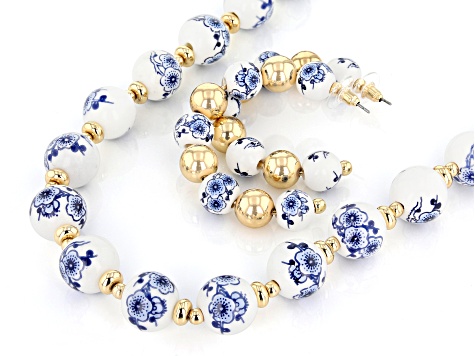 Blue Beaded Floral Gold Tone Necklace & Earring Set