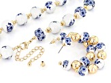 Blue Beaded Floral Gold Tone Necklace & Earring Set