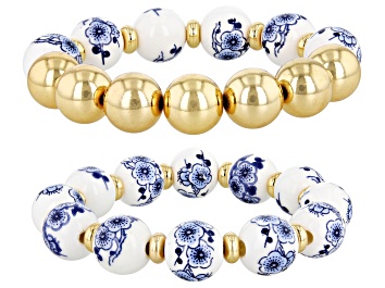 Picture of Blue Beaded Floral Gold Tone Stretch Bracelet Set of 2