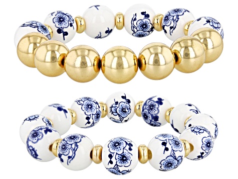 Blue Beaded Floral Gold Tone Stretch Bracelet Set of 2