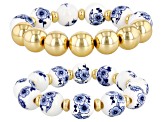 Blue Beaded Floral Gold Tone Stretch Bracelet Set of 2