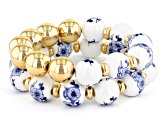 Blue Beaded Floral Gold Tone Stretch Bracelet Set of 2
