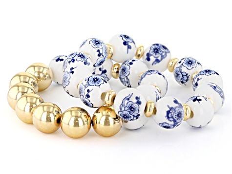 Blue Beaded Floral Gold Tone Stretch Bracelet Set of 2
