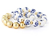 Blue Beaded Floral Gold Tone Stretch Bracelet Set of 2