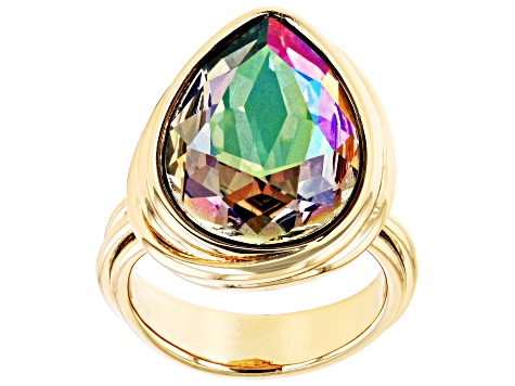 Green Crystal Gold Tone Solitaire Ring