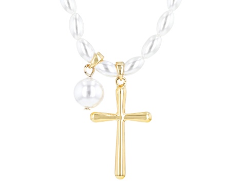 Pearl Simulant Gold Tone Cross Necklace