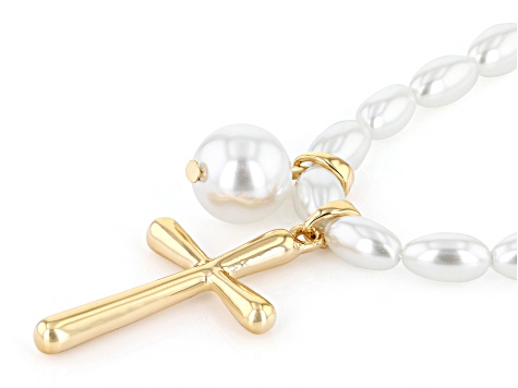 Pearl Simulant Gold Tone Cross Necklace