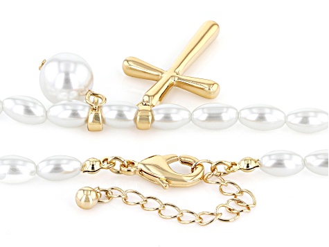 Pearl Simulant Gold Tone Cross Necklace