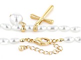 Pearl Simulant Gold Tone Cross Necklace