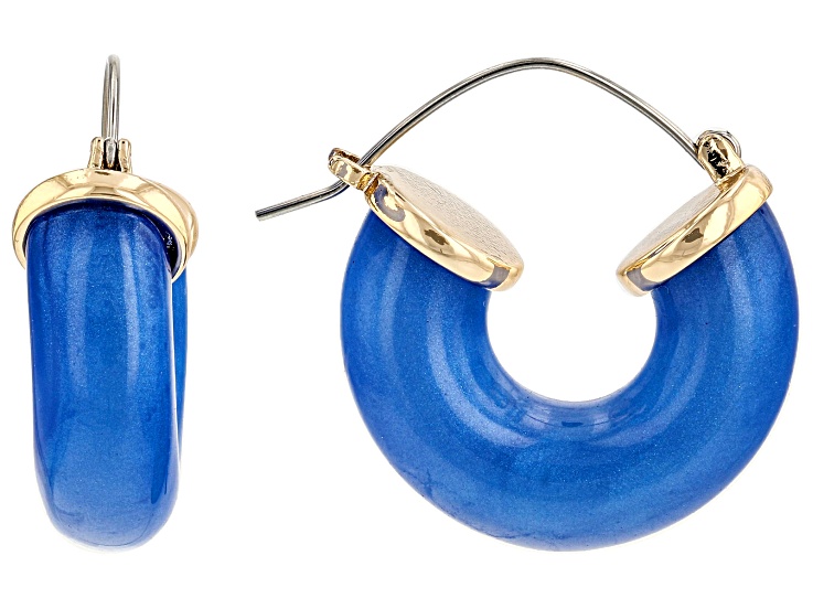 Gold Tone Blue Resin Hoop Earrings