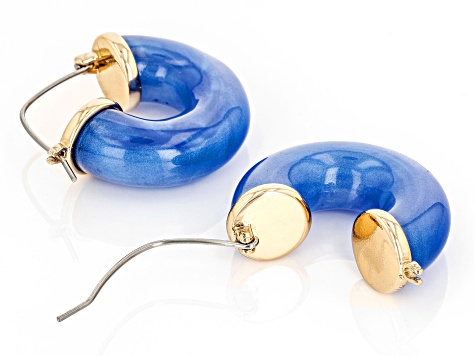 Gold Tone Blue Resin Hoop Earrings
