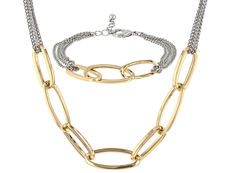 Gold & Silver Tone Paperclip Necklace and Bracelet Set