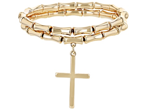 Acrylic Bead Gold Tone Set of 2 Bracelets With A Cross