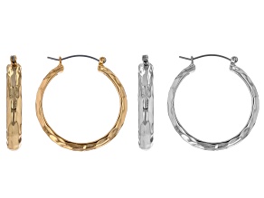 Gold and Silver Tone Textured Set of Two Hoop Earrings