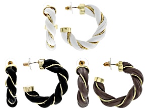 Imitation Leather Gold Tone Set of 3 Twisted Hoop Earrings