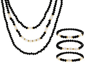Glass Bead & Pearl Simulant Multi-Strand Gold Tone Necklace & Bracelet Set
