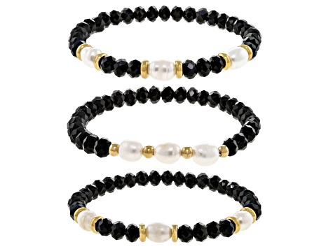 Glass Bead & Pearl Simulant Multi-Strand Gold Tone Necklace & Bracelet Set